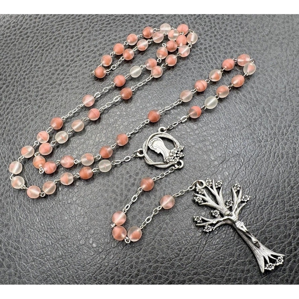 Dogwood Tree Pink Glass Rosary Bead Necklace Cross Pendant Silver Tone Boho